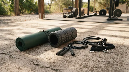 Home workout equipment ready for a daylight training session
